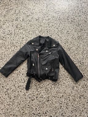 Kids Black Faux Leather Vangull Biker Jacket with Belt and pockets